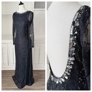 Free People Embellished Beaded Black Lace Long Sleeve Low Back Maxi Dress Size 6